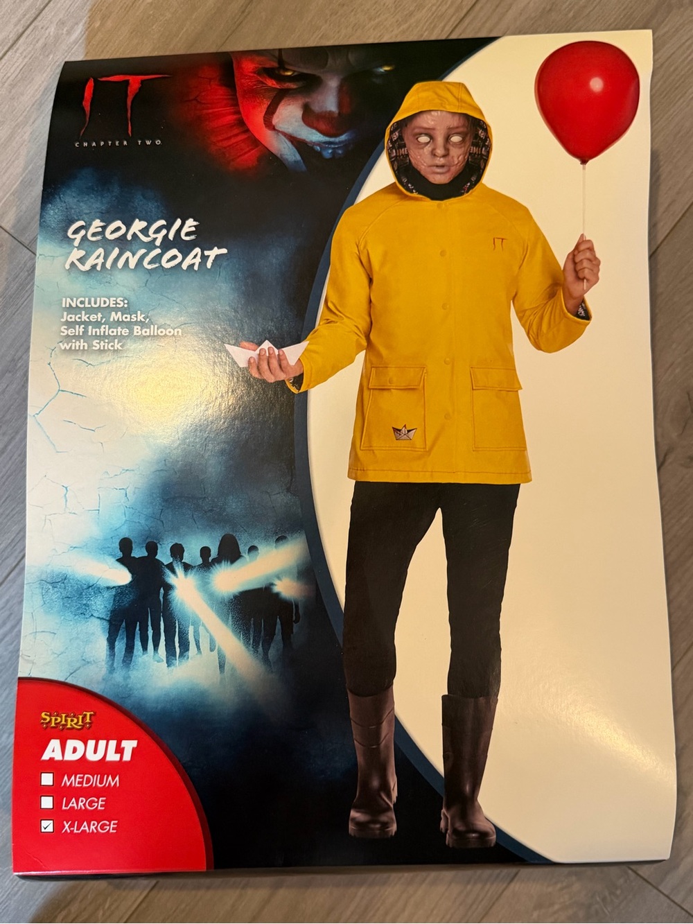 Spirit Halloween IT Georgie Raincoat Jacket costume, mask & balloons size XL